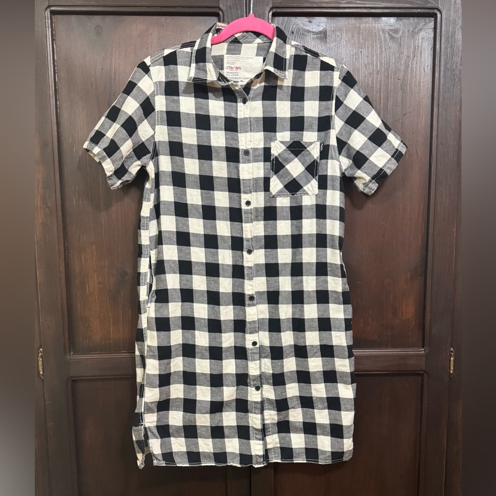 Nicole Club Black White Checkered Shirt Dress short sleeve flannel Tunic Large